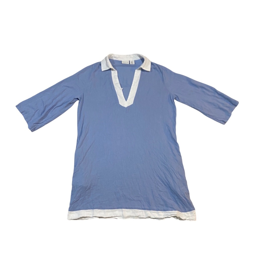 Rachel Zoe Linen Blend Tunic Dress Blue White Contrast Trim Small Pockets
